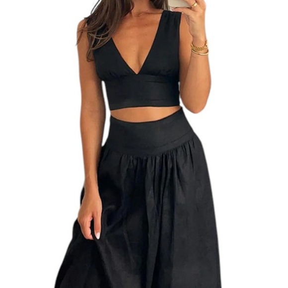 Commense Women's Small Black Solid Tie Knot V-Neck Backless Long Skirt Set - Picture 3 of 7